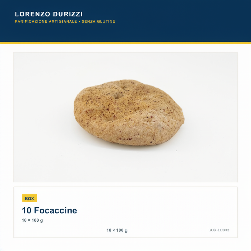 Box 10 Focaccine 100 g Lorenzo Durizzi su sfondo bianco